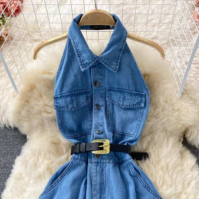 Robe mi-longue en jean sans manches à revers et dos nu 3213