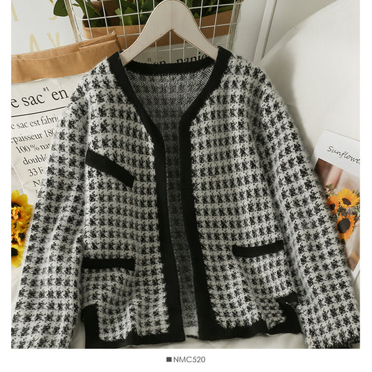 Pull femme automne et hiver à carreaux ample et fin cardigan à manches longues 2075