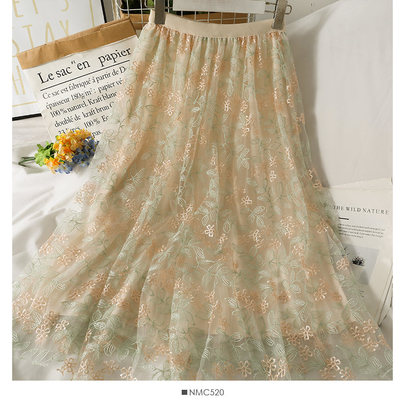 Gauze embroidered elastic waist slim skirt  2604