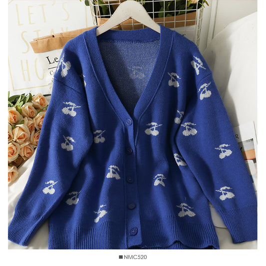 Pull mi-long à col bas imprimé cerises pour femme 2041