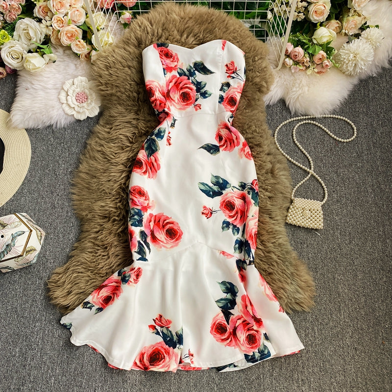 Robe mi-longue sexy sans bretelles à volants et imprimé slim 3031