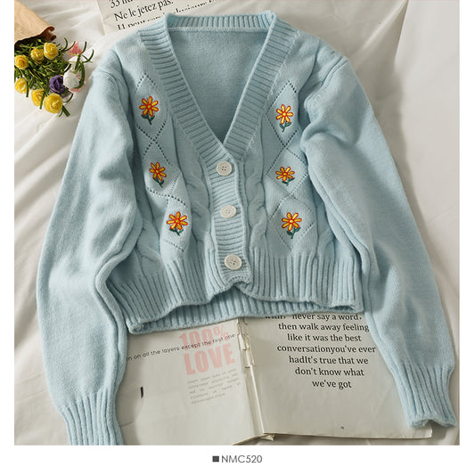 Pull femme en lin brodé court tricoté Top 1763