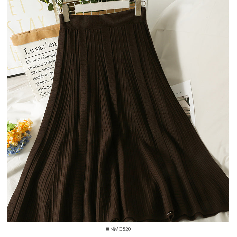 Hong Kong style retro vertical stripe elastic waist thin solid A-line skirt  2625