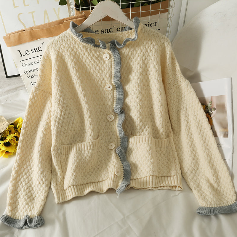 Pull cardigan simple boutonnage à bordure agarique assortie de couleurs rétro de style Hong Kong 1707