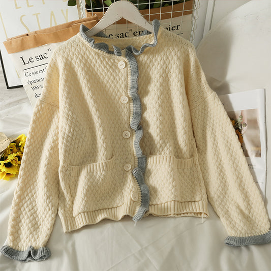 Pull cardigan simple boutonnage à bordure agarique assortie de couleurs rétro de style Hong Kong 1707