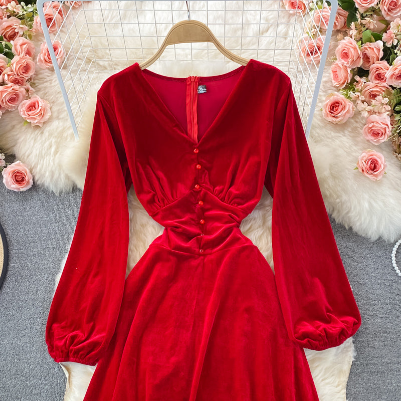 V-neck temperament high waist slim velvet dress  3089
