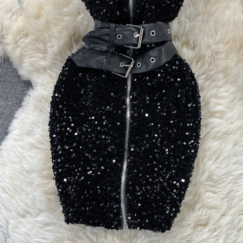 Design sense zipper Sequin glittering fashion slim fit  2781