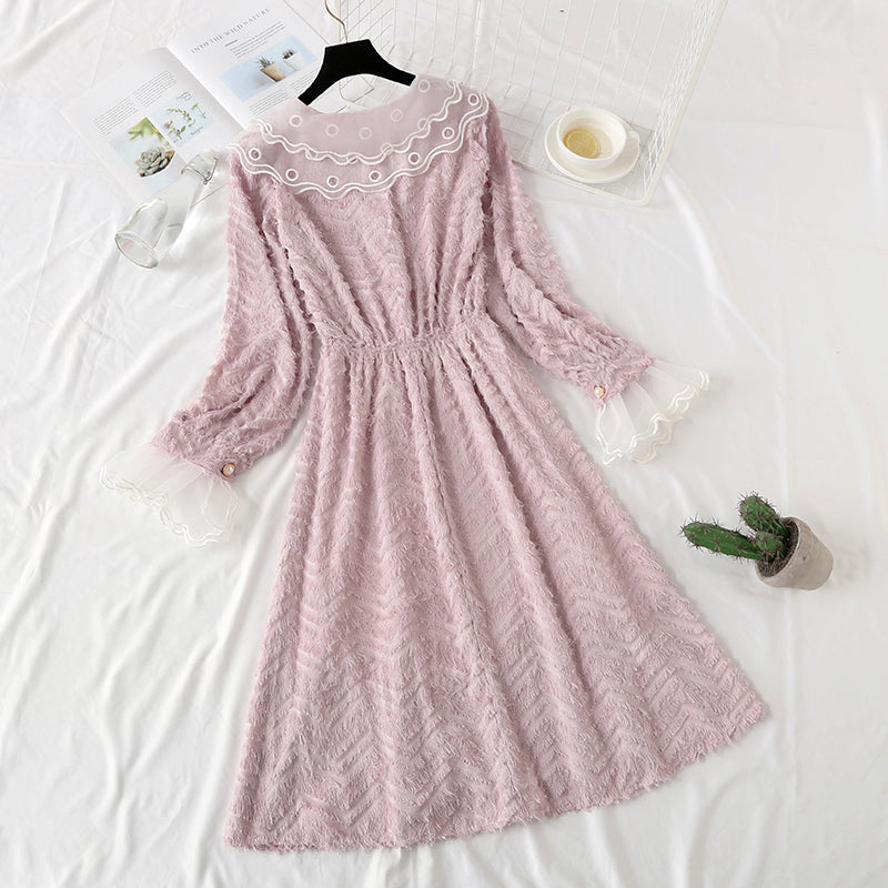 Robe vintage française pour fille en mousseline de soie, avec pompons, en dentelle, col de poupée, jupe à bas 2463