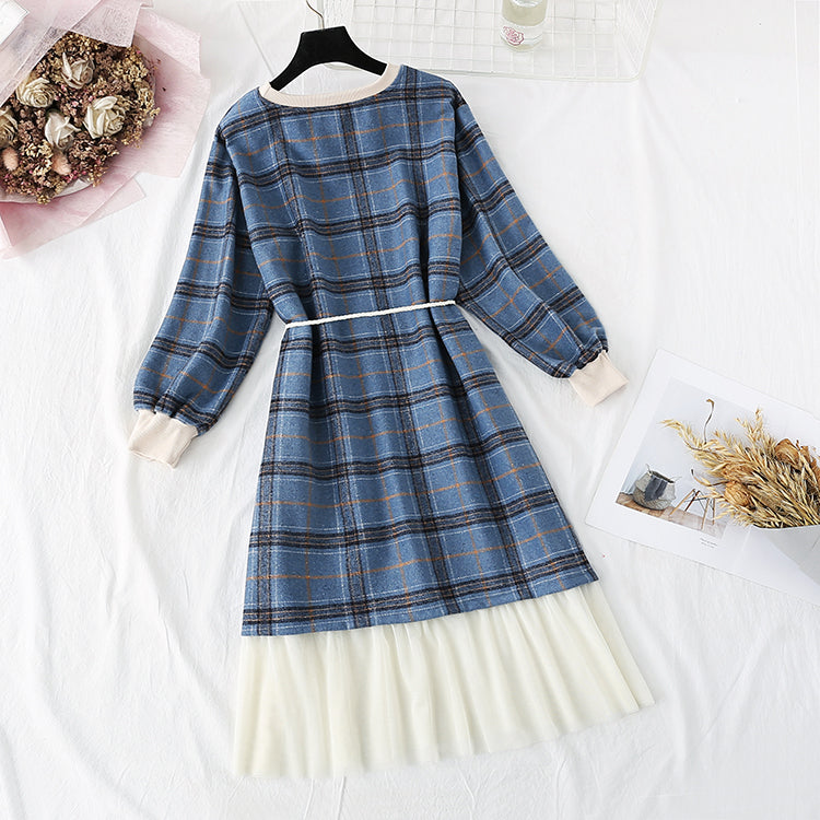 New French Vintage Plaid long sleeve waist closing slim skirt  2293