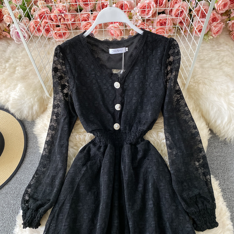 Women's dress with narrow waist and solid color bubble sleeve lace  3420