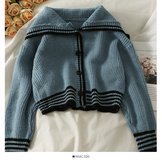 Pull cardigan court à simple boutonnage et à gros revers à rayures coréennes 2051