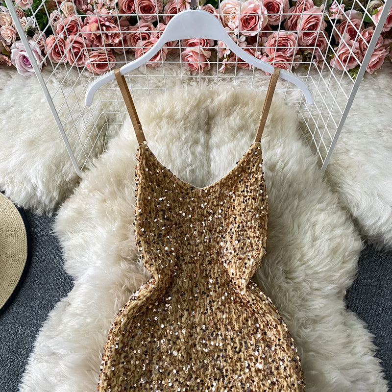 French Hepburn temperament Sequin Hip Wrap Dress  2752