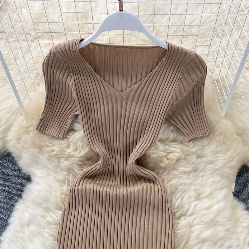 Robe en maille slim à col en V Hip Wrap 2973