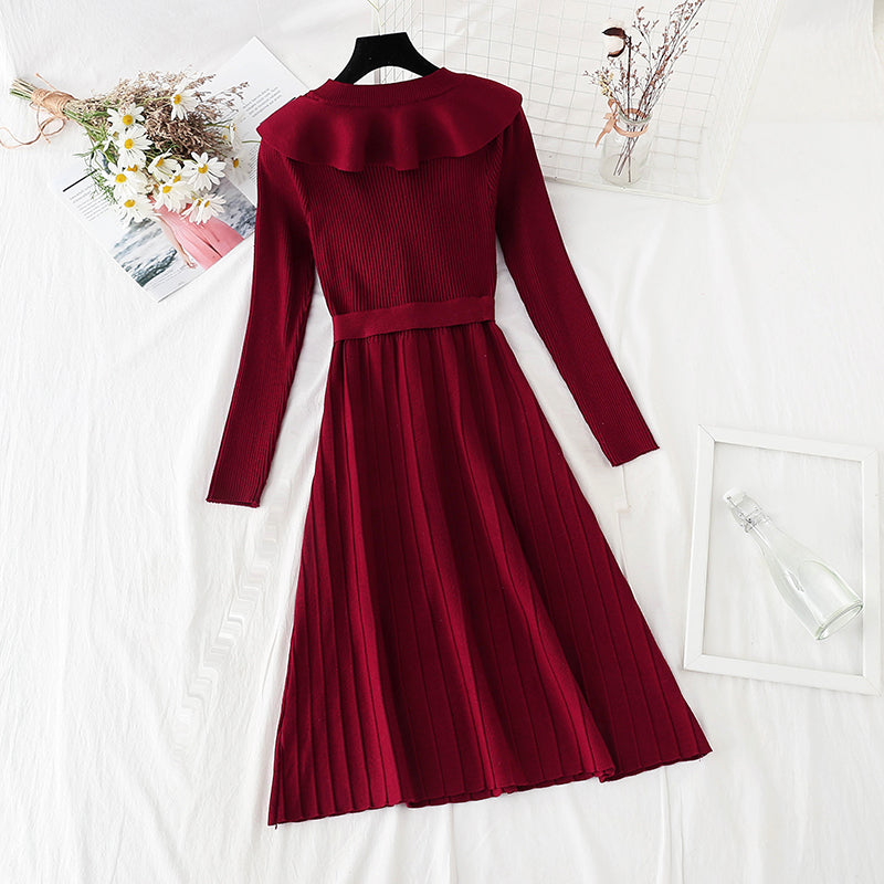 Ruffle lace up waist slim red dress  2184