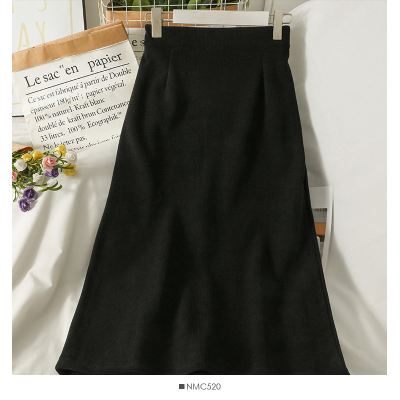 Hong Kong style retro high waist Plush thickened warm knee length skirt  2573