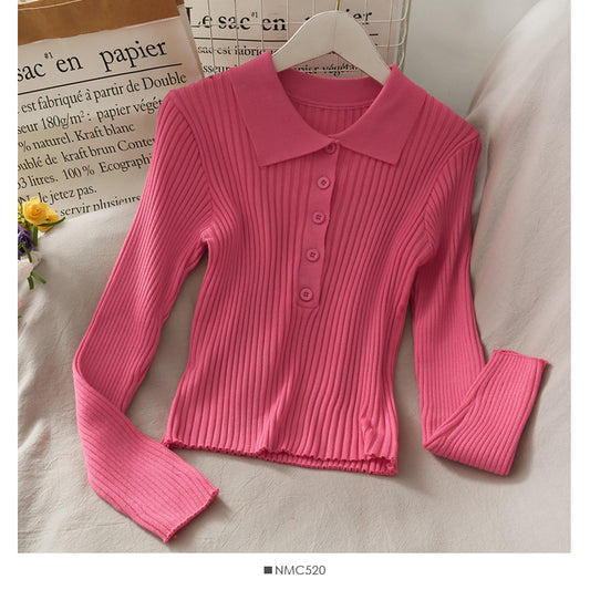 Chemise coréenne en tricot serré à revers pour femme, couleur unie, polyvalente, 1842