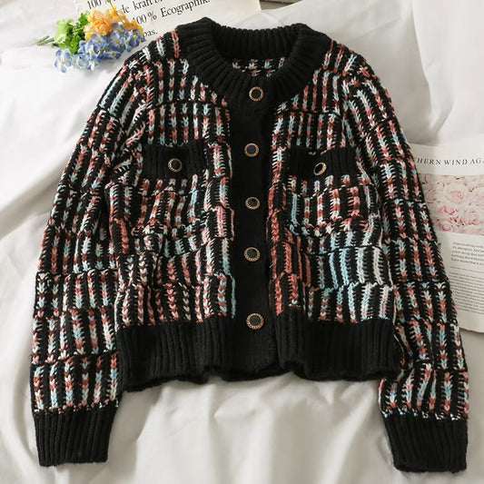 Cardigan à simple boutonnage en tricot ample à col ras du cou et à rayures, haut à manches longues 1445