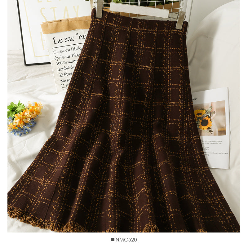 Slim Plaid medium length skirt with tassel Knit Skirt  2586