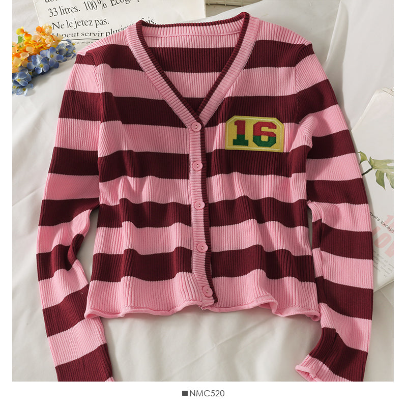Cardigan rayé à simple boutonnage, pull à manches longues pour femme 2061