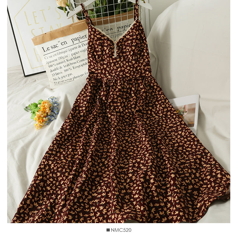 Retro floral waist slim high waist open back suspender skirt  2698