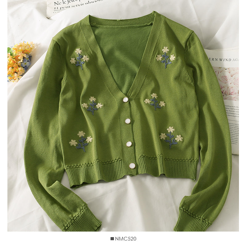 Cardigan court brodé vintage pull à manches longues à simple boutonnage 1811