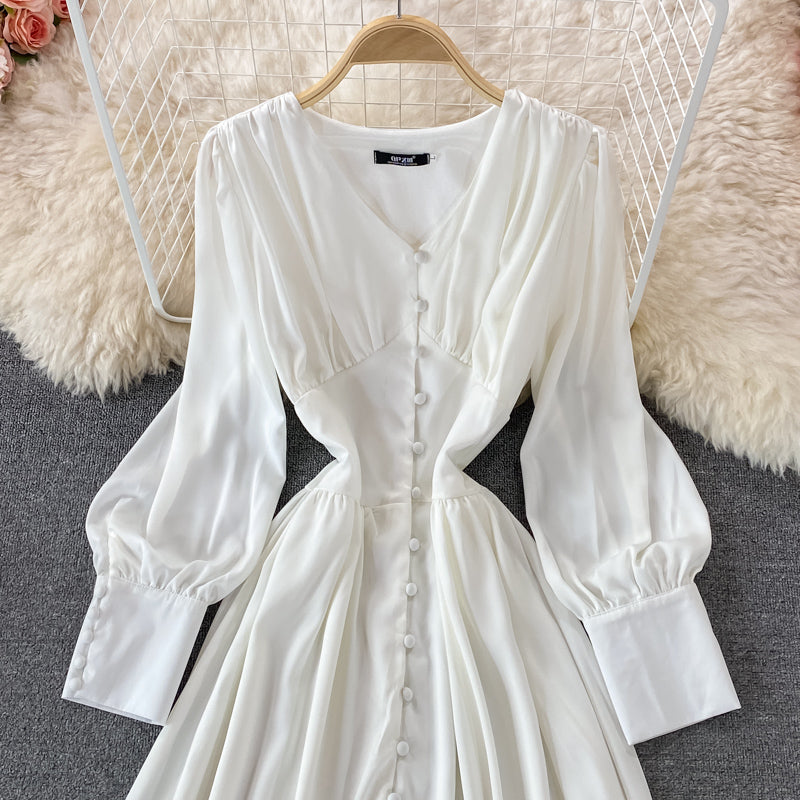 Single breasted waistband slim bubble sleeve dress long skirt  3334