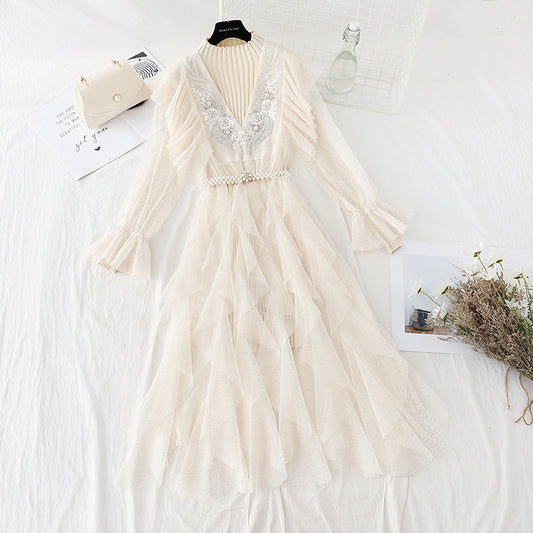 Embroidered mesh two-piece set light mature and slim knit dress  2226