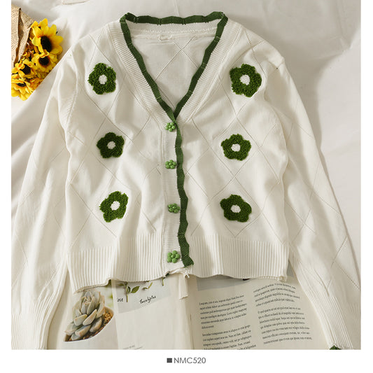 Haut cardigan boutonné à rayures et bords ondulés en blocs de couleurs Sweet Wind 1821