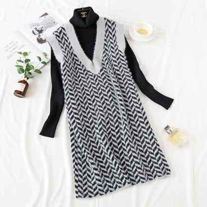 Net red mink velvet checkered sweater vest vest vest dress  2474