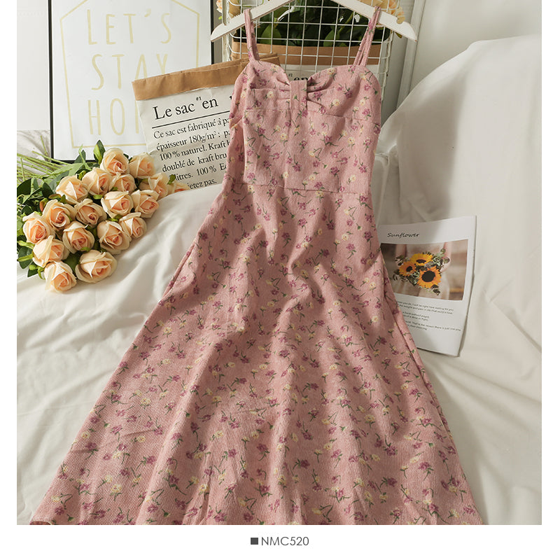Sweet wind printed pleated high waist thin medium length dress  2707