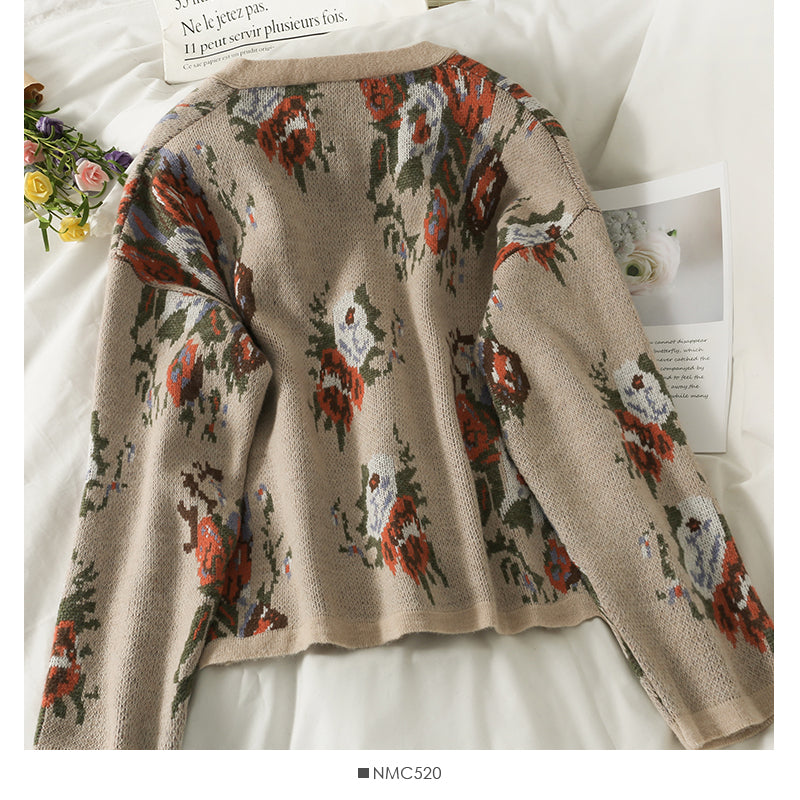 Cardigan à manches longues et col bas imprimé vintage Hong Kong pour femme 1994
