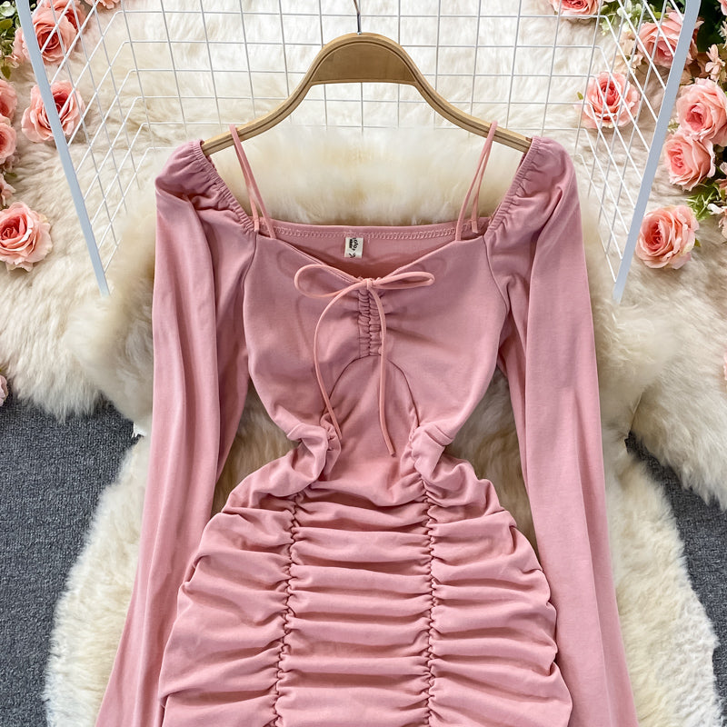 Robe portefeuille sexy à manches bouffantes, coupe slim, à lacets, plissée, col carré, 2917