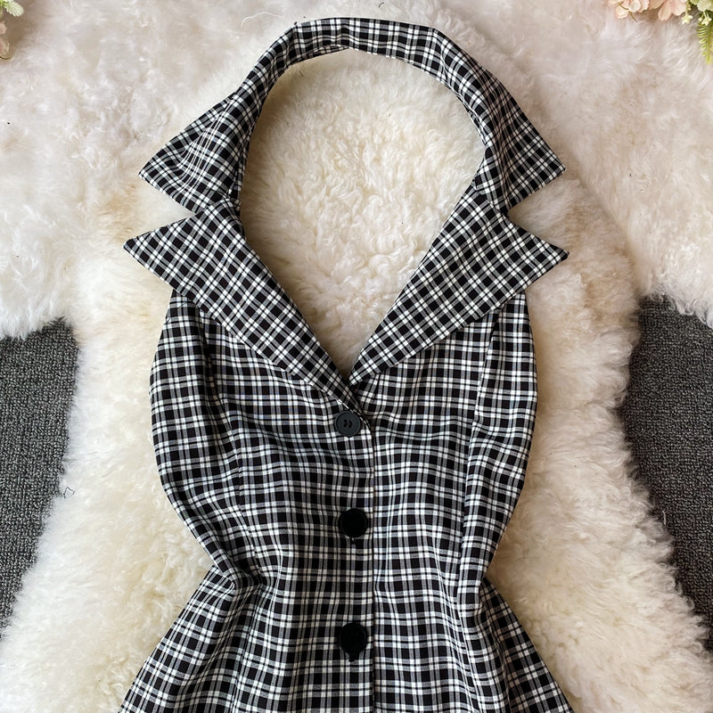 French retro waistband neckline Plaid Dress  2966