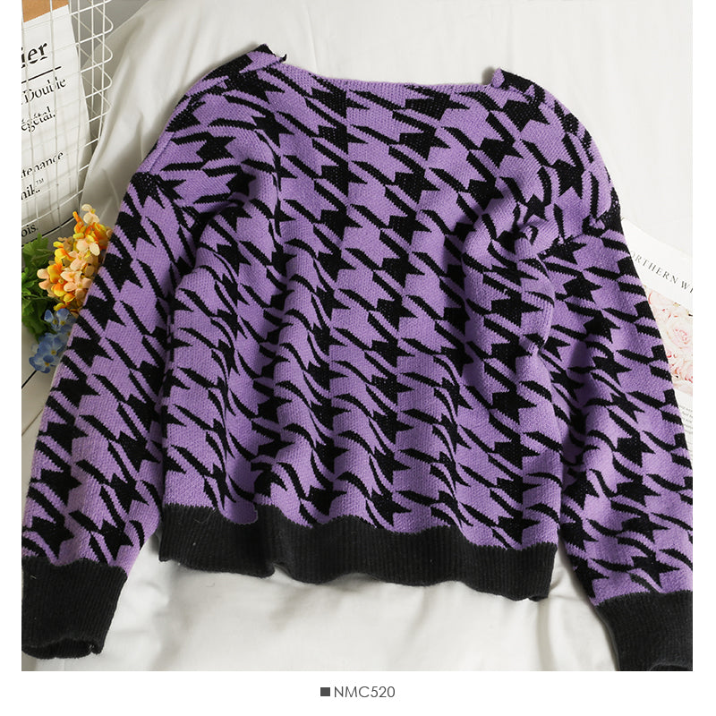 Pull cardigan à col en V à carreaux mille oiseaux violet taro assorti 2032
