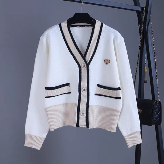 Cardigan de couleur contrastée, pull court col V 1404