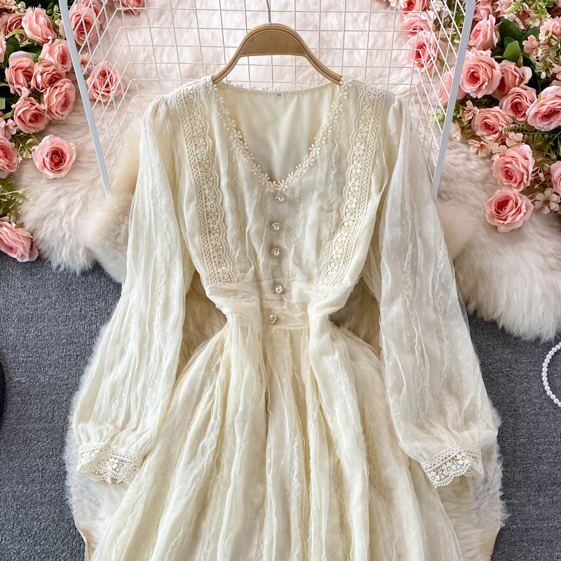 Robe en maille taille haute à col en V et dentelle 3230