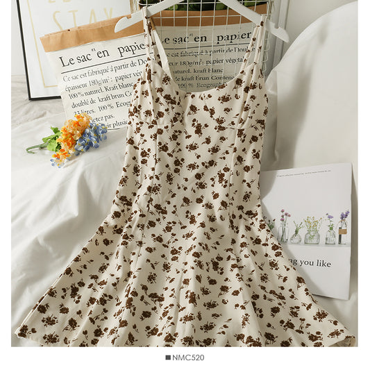 Hong Kong style retro small fresh broken flower low neck backless suspender skirt  2688