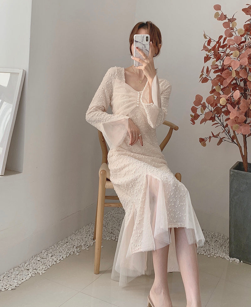 New women's dress with waist closed to show thin temperament French mesh super fairy fishtail  2130