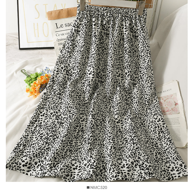 Hong Kong Vintage printed elastic waist thin over knee A-line skirt  2623