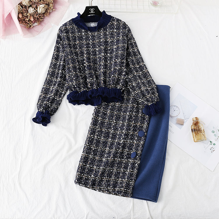 New French retro sweater, tweed bag hip skirt, winter two-piece suit  2361