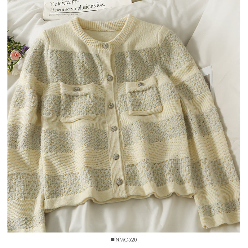 Cardigan à simple boutonnage en soie rayée rétro coréenne pour femme 2072