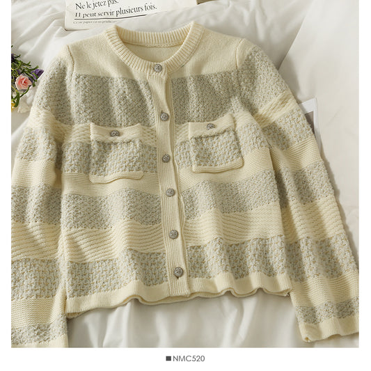Cardigan à simple boutonnage en soie rayée rétro coréenne pour femme 2072