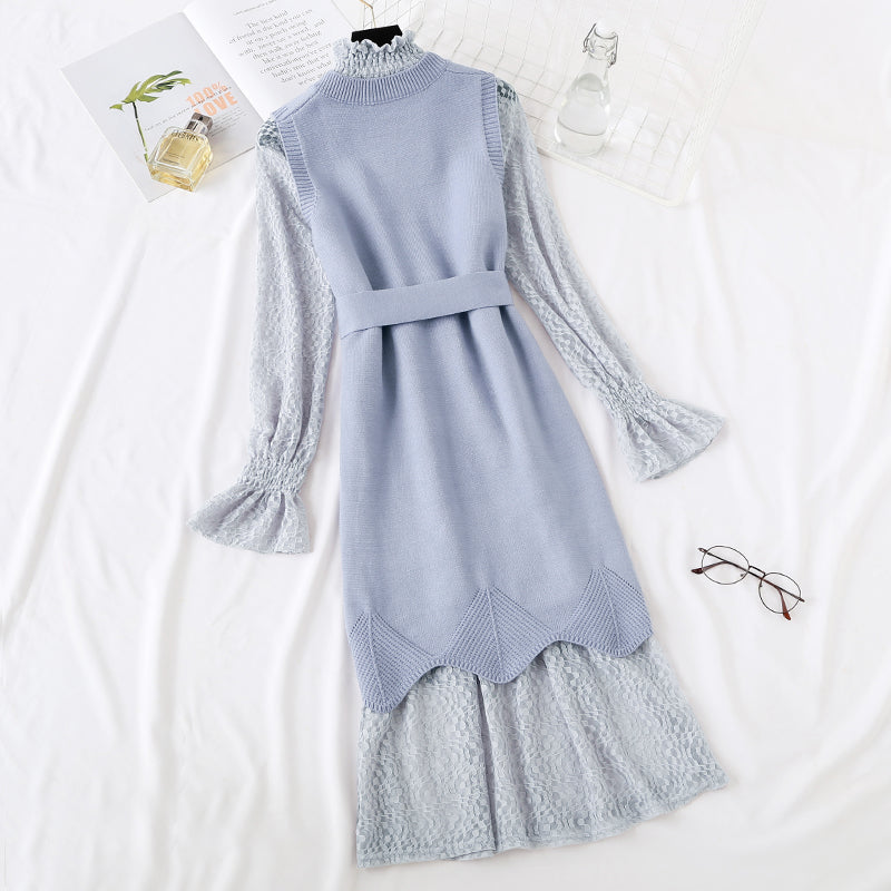 Minority LACE VEST knitted dress fashion suit two piece set female  2473