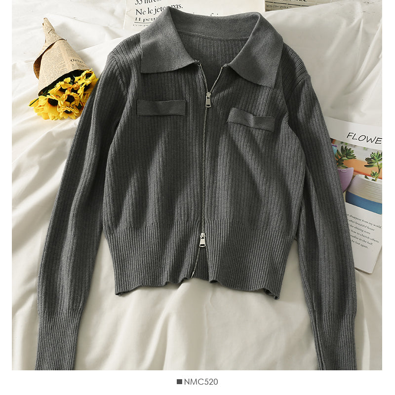 Cardigan zippé à revers et manches longues à rayures verticales 1830