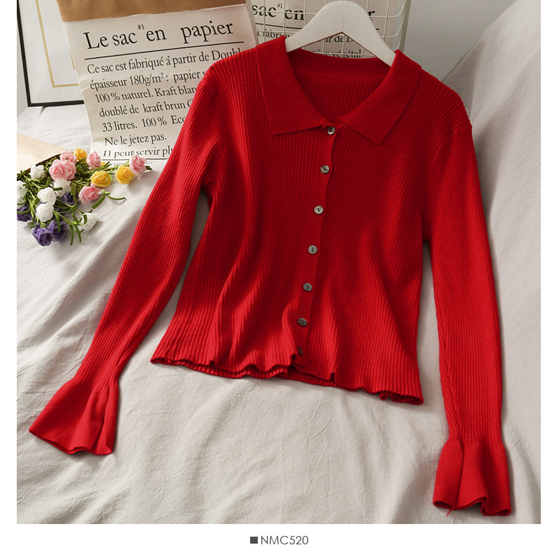 Cardigan à revers pour femme, pull polyvalent coupe slim 1744