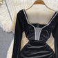 Korean new V-neck velvet with diamond temperament waist closing  2846
