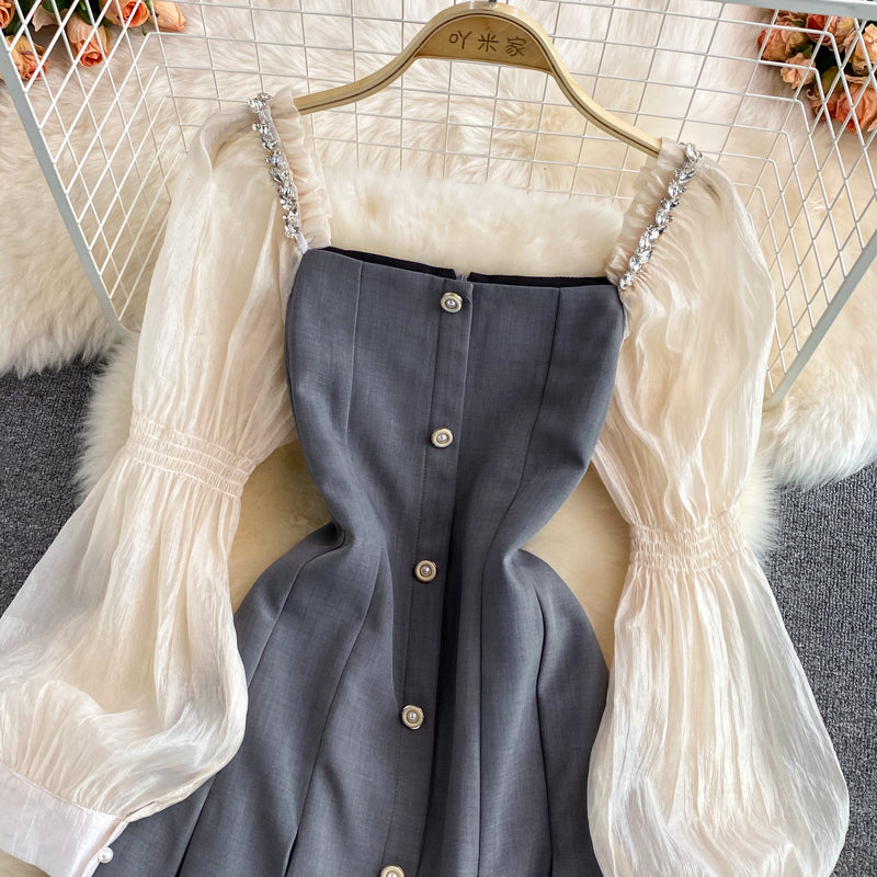 Robe trapèze à taille étroite, boutonnage simple, manches bouffantes, col carré, 3117