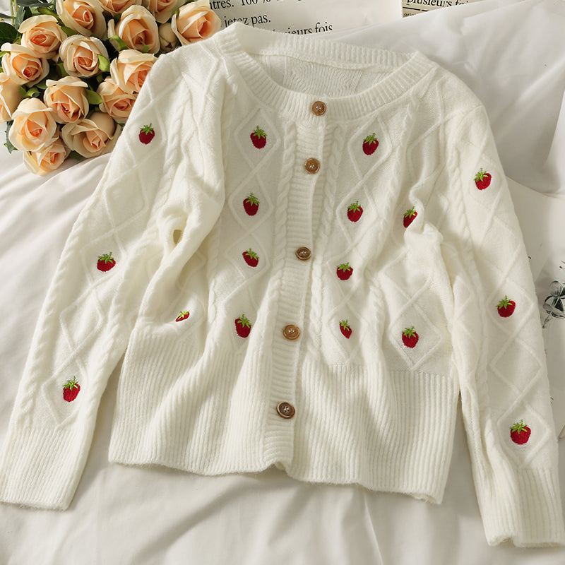 Pull cardigan brodé fraise vent doux femme 1719