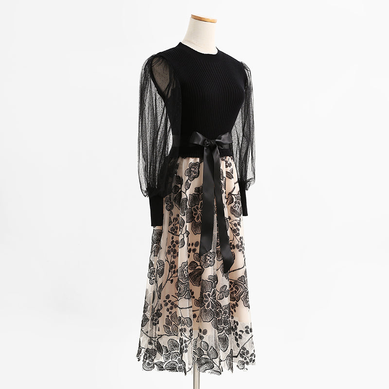 New Hepburn style dress long sleeve stitched embroidery mesh  2442