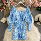 Blue and white porcelain printed square neck sexy Lantern Sleeve Dress  2813